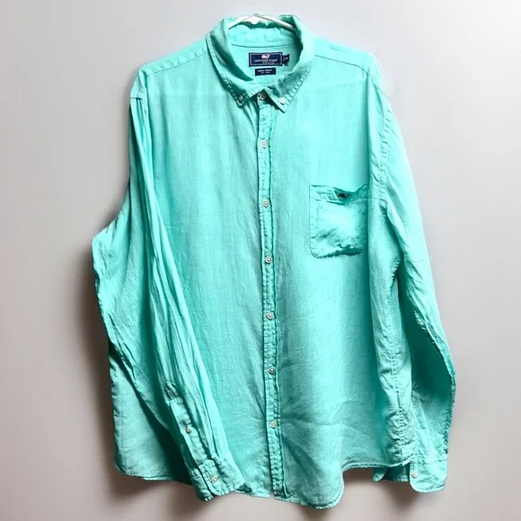 Vineyard Vines 100% Linen Shirt Mens Size XL Button Down Teal Green Front Pocket - Picture 1 of 11